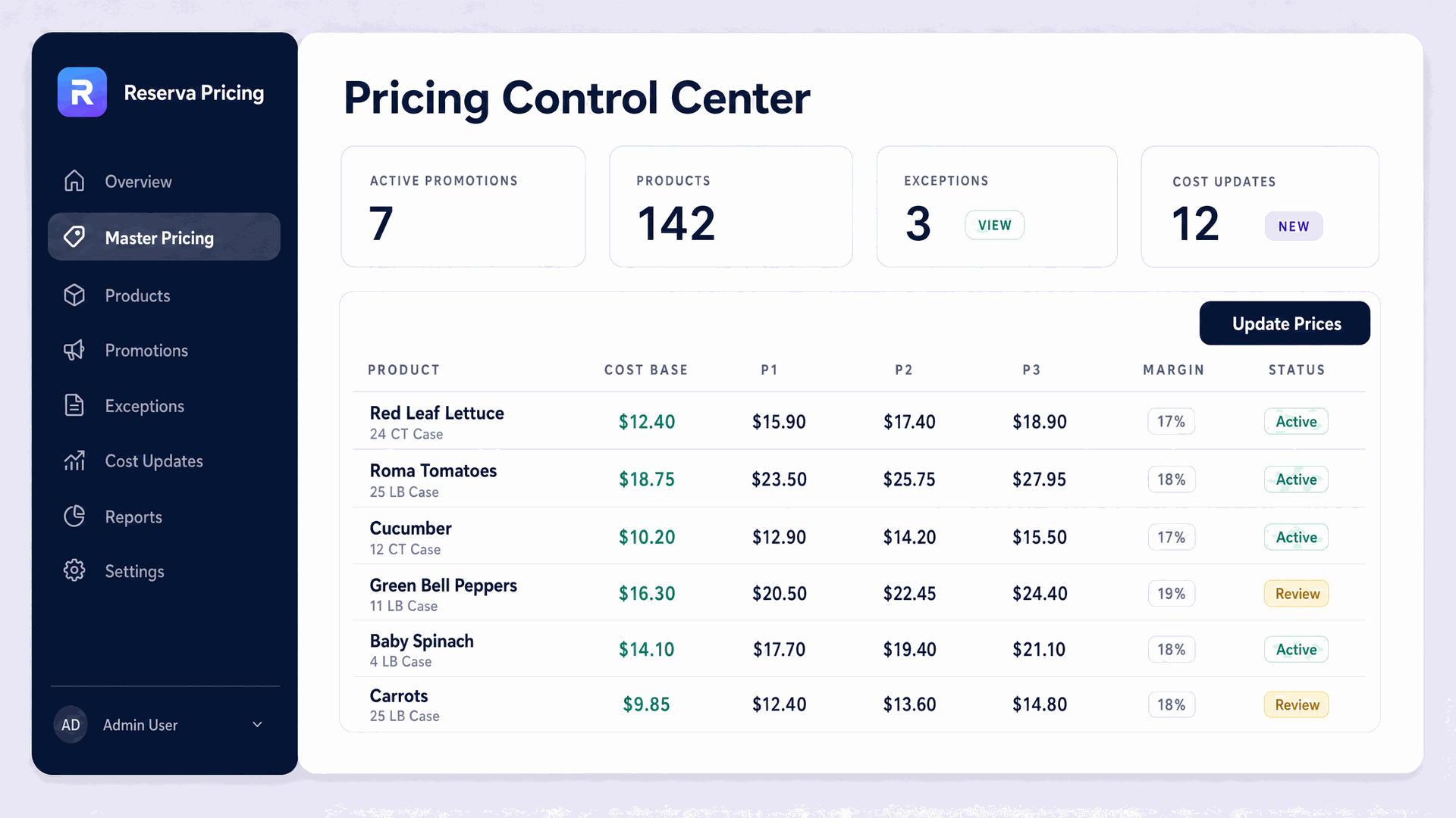 Pricing Control Center workspace for produce teams