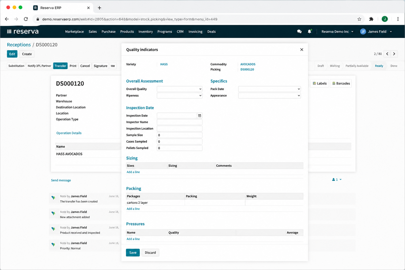 Supplier collaboration quality assessment workflow in Reserva ERP