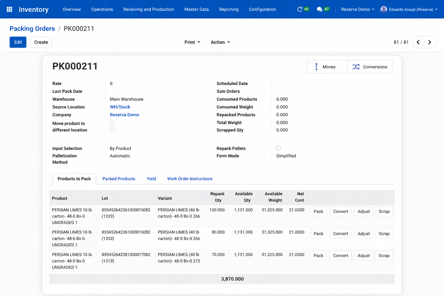 Four-step workflow for simplified repacking operations in Reserva