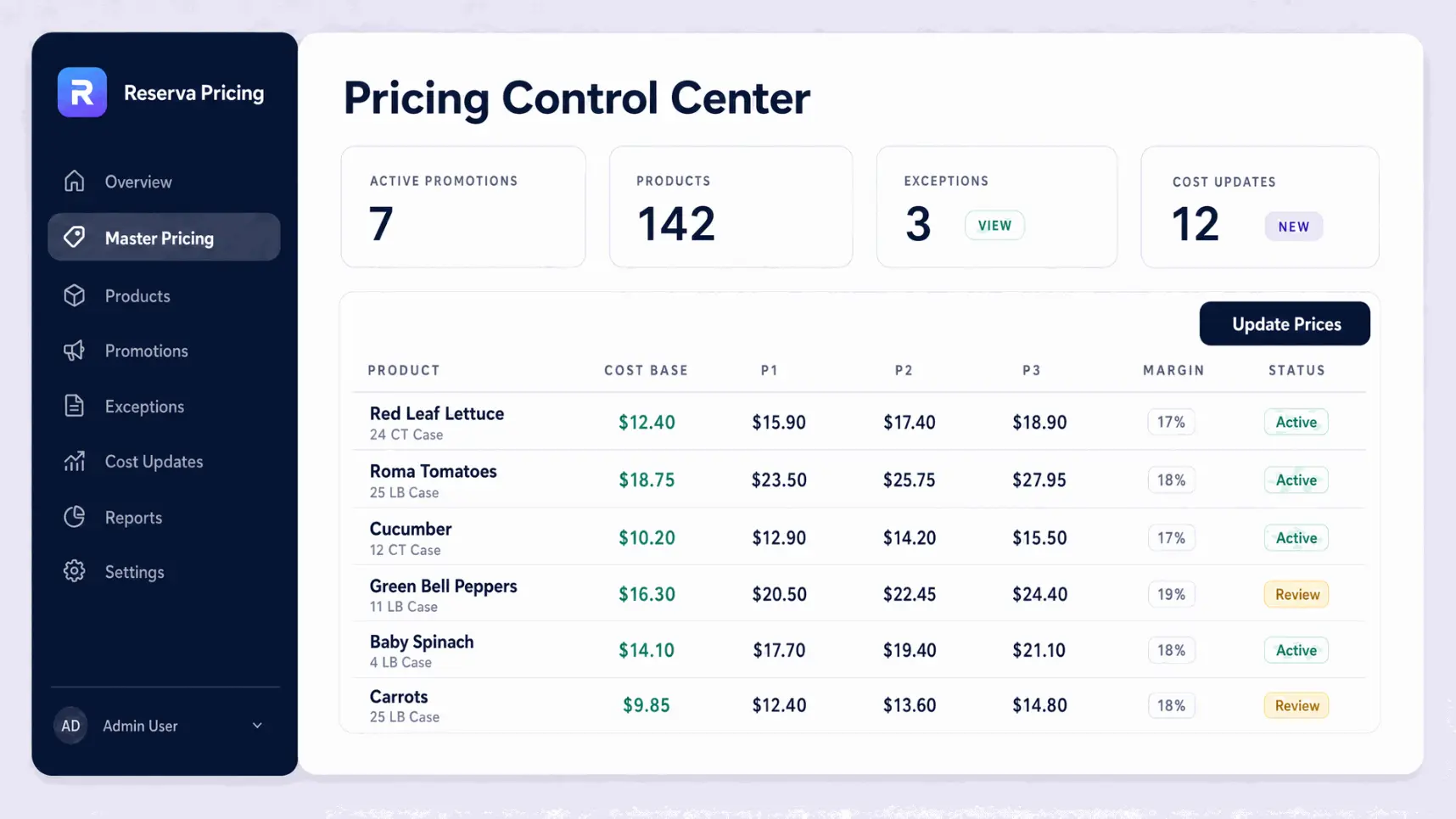 Pricing Control Center workspace for produce teams
