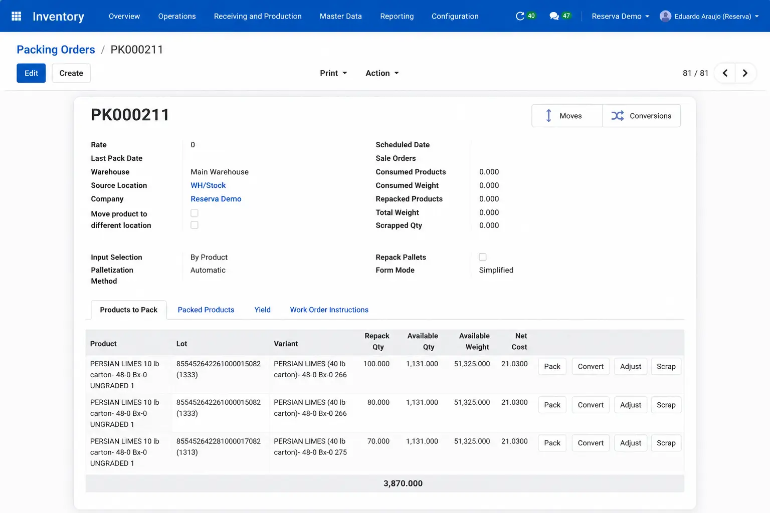 Four-step workflow for simplified repacking operations in Reserva