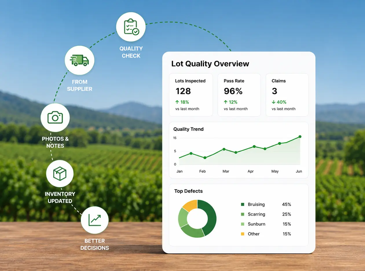 Lot quality overview dashboard showing supplier quality check, photos and notes, inventory updates, and quality trend metrics