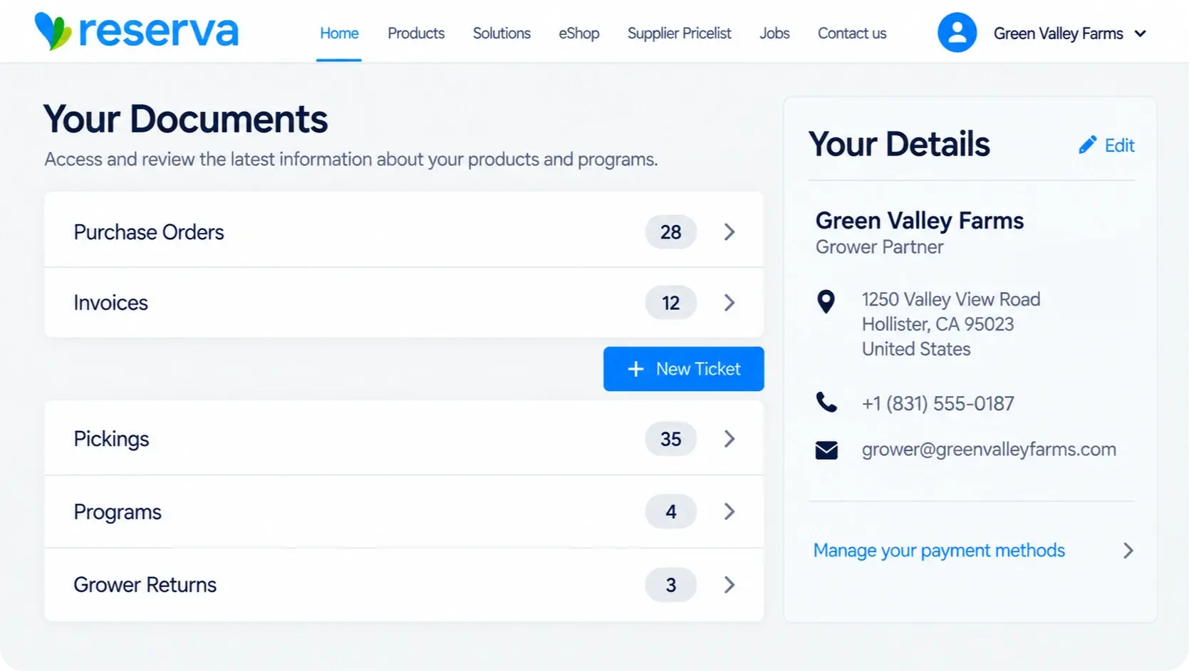 Reserva Grower Portal dashboard